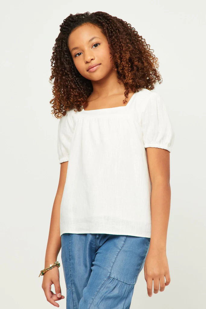 Linen Square Neck Puff Sleeve Top - Off White