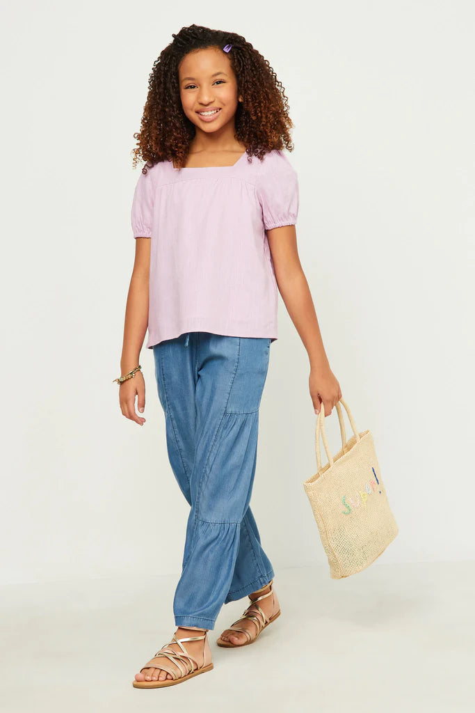 Linen Square Neck Puff Sleeve Top - Lavender