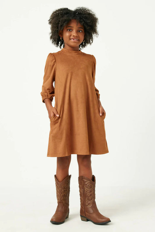 Puff Shoulder Suede Dress - Camel