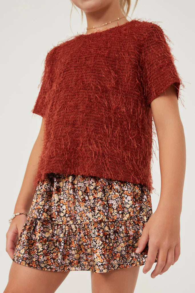 Textured Stringy Short Sleeve Top - Rust